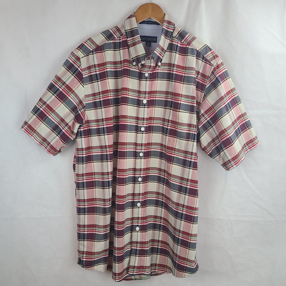John Ashford Men's (L-Tall) Red & Black Plaid Short Sleeve Button Down Shirt